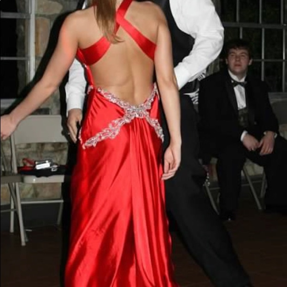 Paris by Tony Bowls Red Satin Silver Embellished Pageant Prom Dress Gown